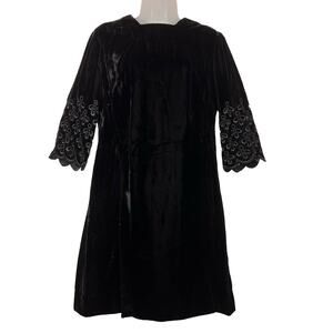Vintage 60s Size Medium Black Velvet Sheath Dress Eyelet Half Sleeves Party